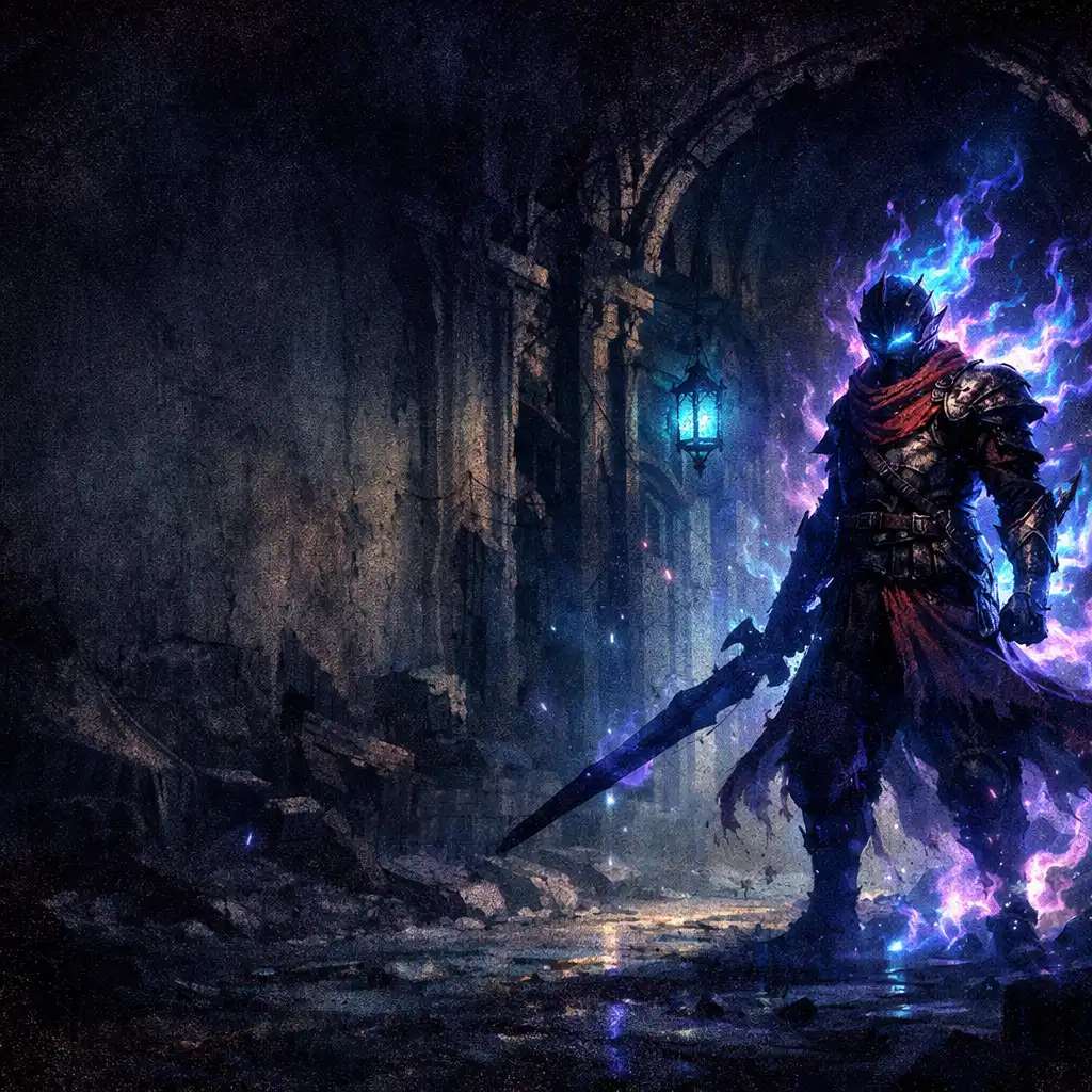 Wojownik Dead Cells otoczony magicznym ogniem