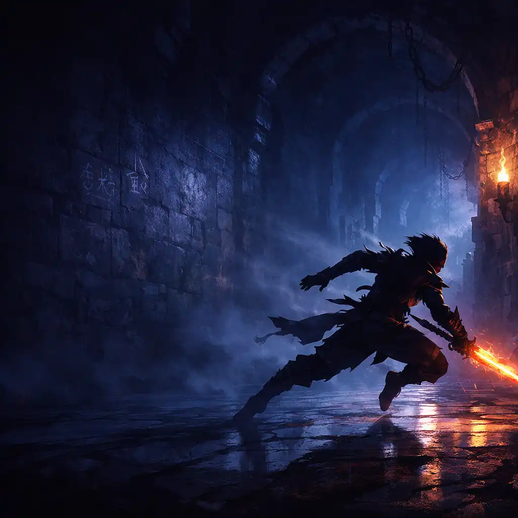 Mroczny korytarz Dead Cells z postacią w ruchu