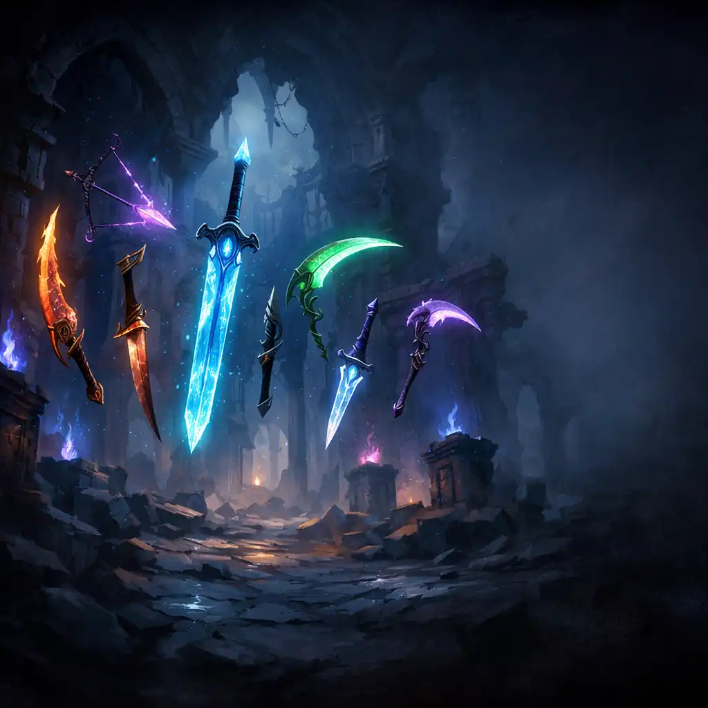 Arsenał broni Dead Cells w mrocznej scenerii
